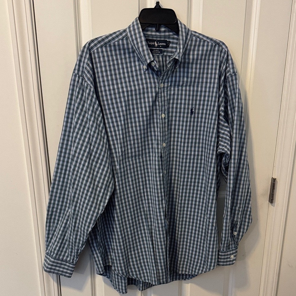 Ralph Lauren Blake 100% Cotton Green and Blue Check Button-Down Shirt, Size XL
